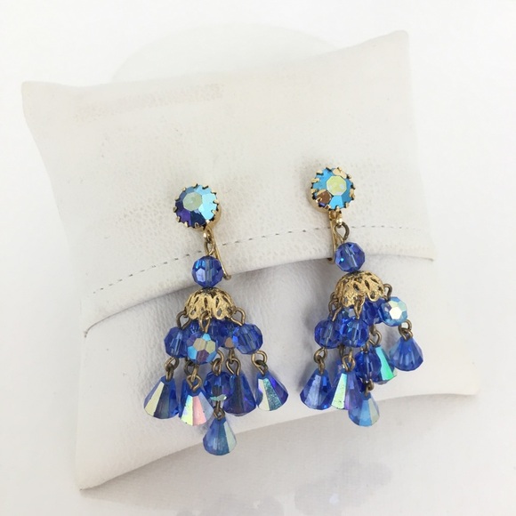 Vintage Hattie Carnegie Signed Austrian Crystal Blue Chandelier Clip Earrings - Picture 7 of 11